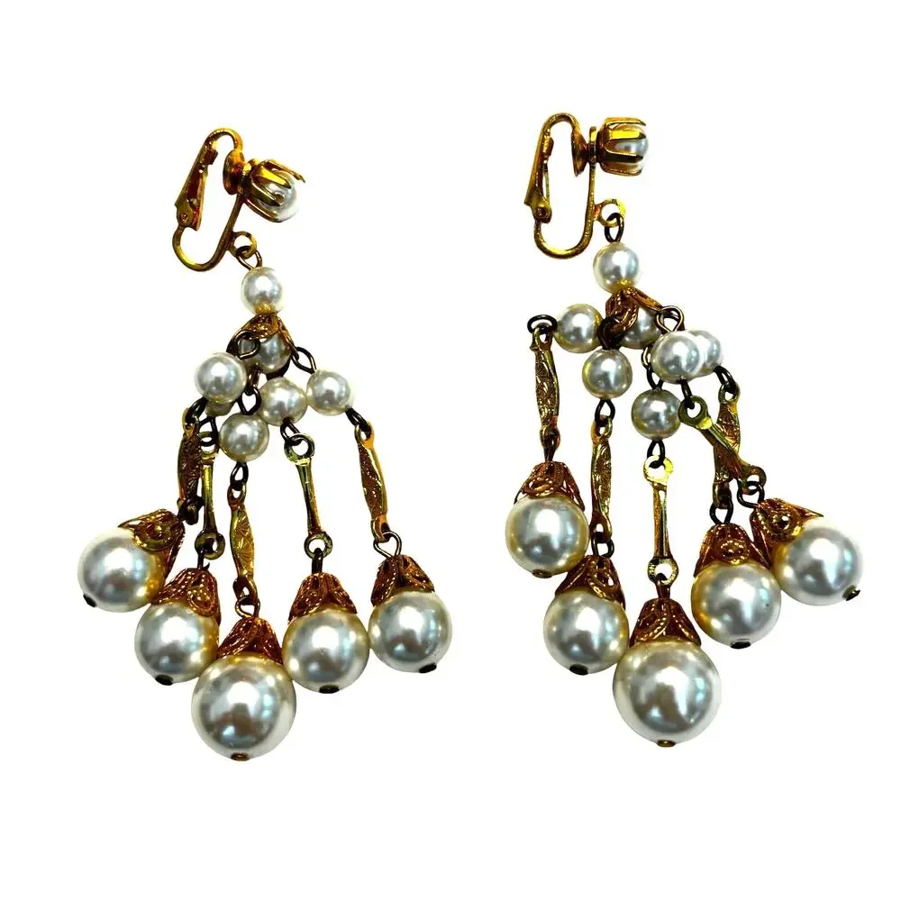 Clip on earrings chandeliers vintage Japan faux pearls gold tone filigree style
